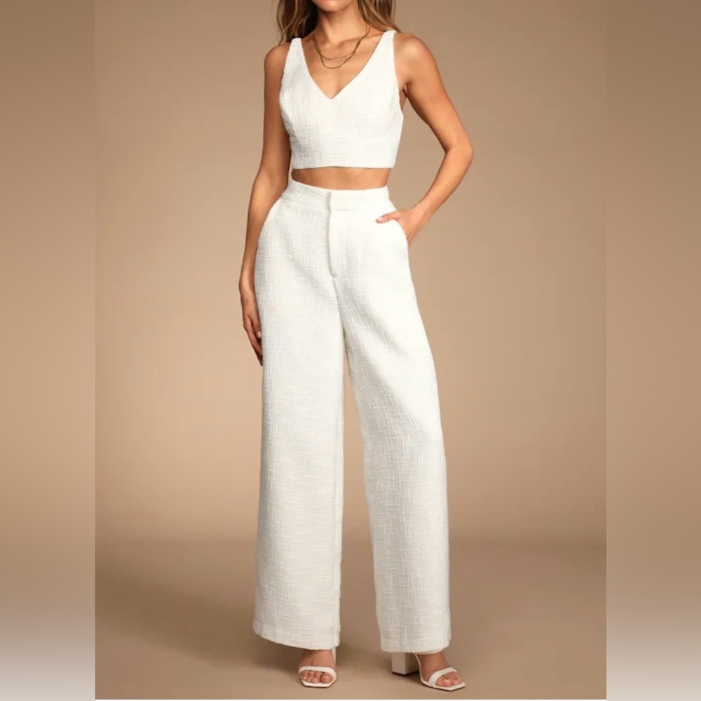 Lulu's White Wide-Leg High-Rise Pant crop top set